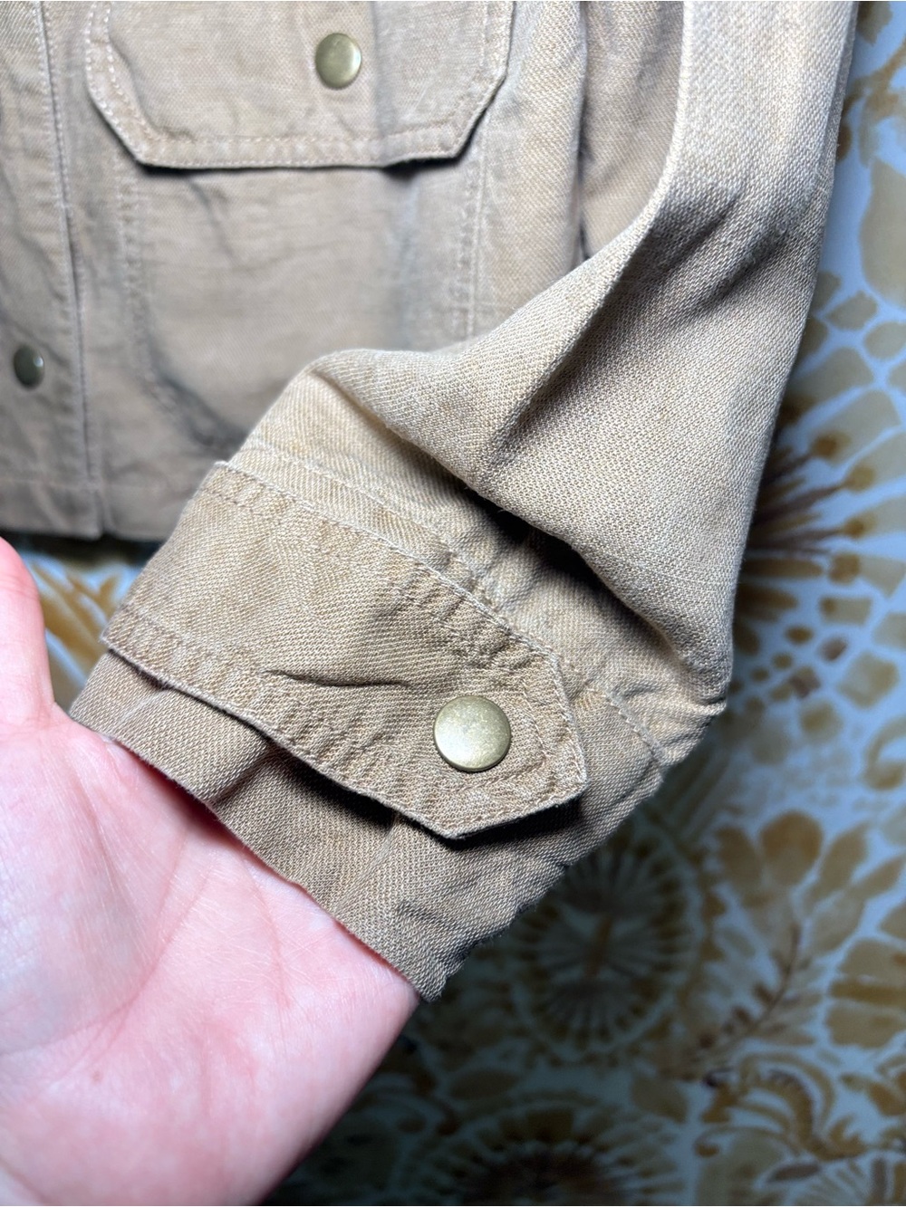 Nicole Miller Distressed Utility Jacket Tan Cotton Blend Snap Front Safari - Picture 7 of 10